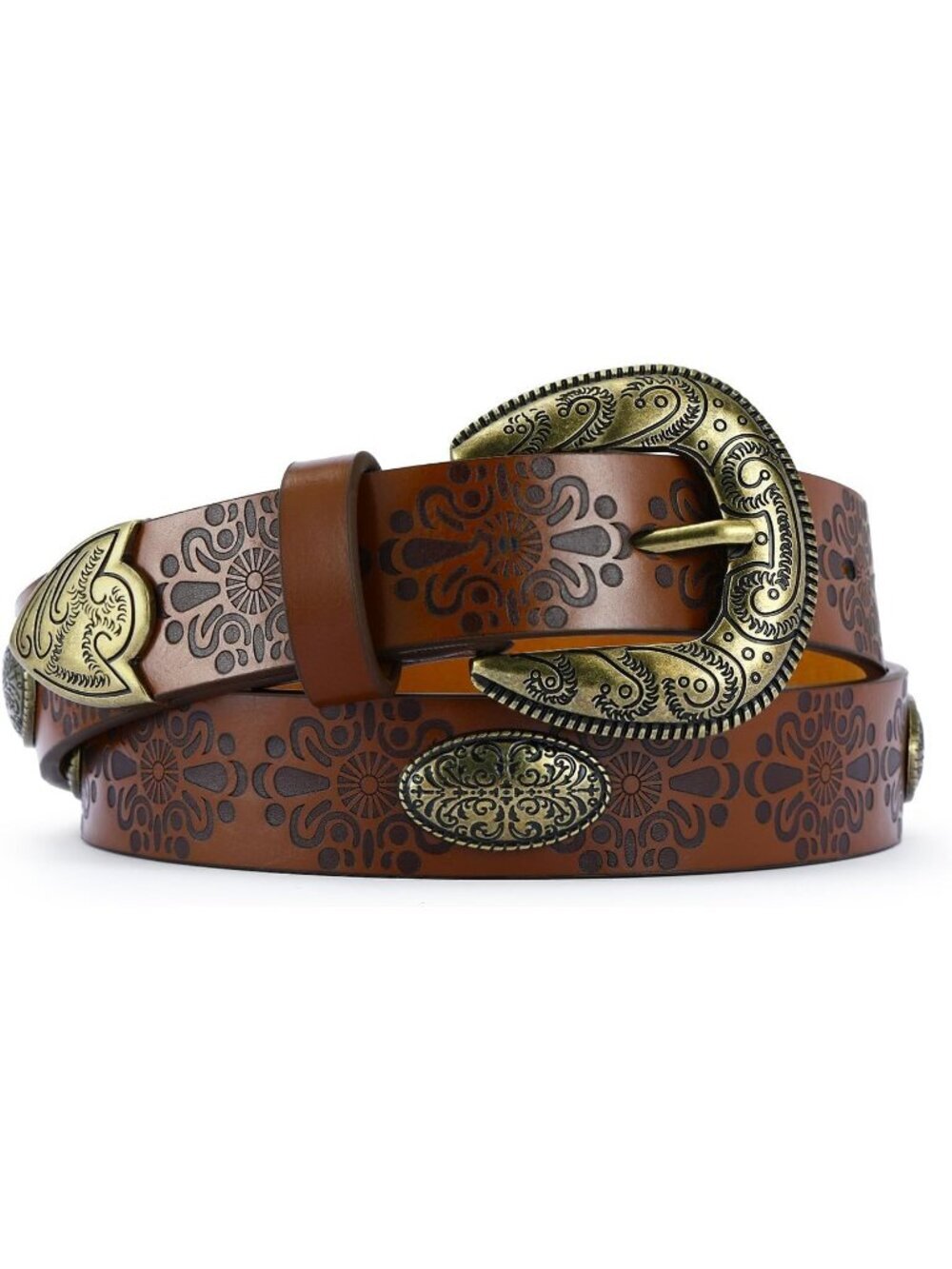 Women Brown Synthetic Leather Belt Western Vintage Cowgirl Engraved Buckle Belt
